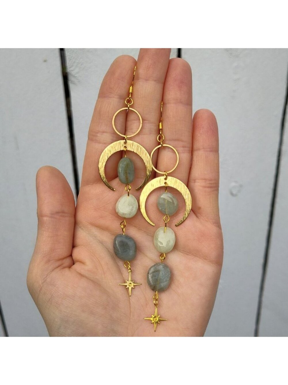 Celestial Moon Earrings, Gold Crescent Dangle Earrings, Quartz Bead Earrings